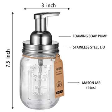 Amolliar Mason Jar Foaming Soap Dispenser, Refillable Hand Soap Dispenser, Dish Soap Dispenser for Kitchen, Cute Farmhouse Decor, Bathroom Soap Accessories, Waterproof Labels, Brushed Nickel (2 Pack)