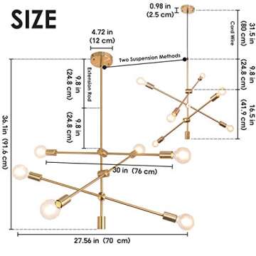 Walnut Tree Sputnik Chandelier 6 Lights Modern Pendant Lighting Ceiling Light Fixture, Brass, Bedroom Living Room Kitchen Hallway