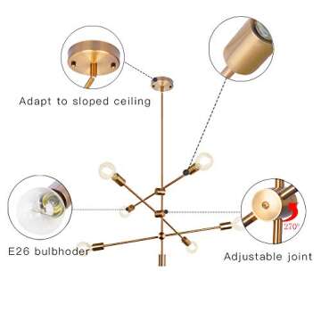 Walnut Tree Sputnik Chandelier 6 Lights Modern Pendant Lighting Ceiling Light Fixture, Brass, Bedroom Living Room Kitchen Hallway