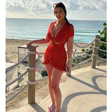 HOTOUCH Womens Short Sleeve V Neck Ruched Bodycon Midi Party Ruffle Trim Dress A Red, X-Large