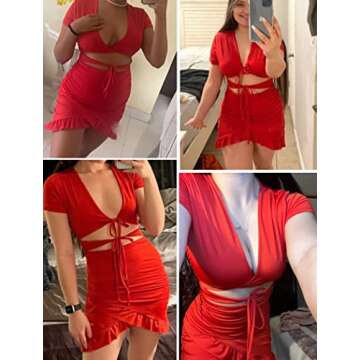 HOTOUCH Womens Short Sleeve V Neck Ruched Bodycon Midi Party Ruffle Trim Dress A Red, X-Large