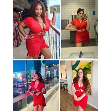 HOTOUCH Womens Short Sleeve V Neck Ruched Bodycon Midi Party Ruffle Trim Dress A Red, X-Large