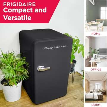 Frigidaire Retro Compact Refrigerator with Chiller, 3.2 cu ft Countertop Fridge, Built-In Bottle Opener, Rounded Corners, Premium, for Office, Bedroom, Dorm Room, Cabin, 18.5D x 20W x 31.5H (Black)