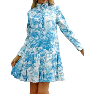 EZAPINE Women Floral Mini Dress Long Sleeve Stand Collar Button Up Elegant Work Swing Short Pleated ...