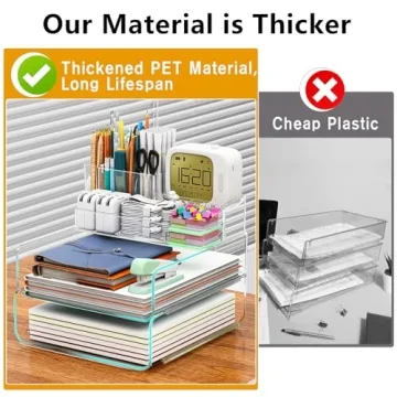Thicken & Sturdy Stackable Desk Organizer - Acrylic Paper Organizer Letter Tray for Desk with Pencil Holder, Clear Desktop File Organizer for Stationery, Letter, A4 Office File, Books, Pens, Notes