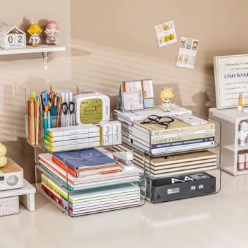 Thicken & Sturdy Stackable Desk Organizer - Acrylic Paper Organizer Letter Tray for Desk with Pencil Holder, Clear Desktop File Organizer for Stationery, Letter, A4 Office File, Books, Pens, Notes