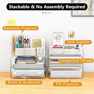 Thicken & Sturdy Stackable Desk Organizer - Acrylic Paper Organizer Letter Tray for Desk with Pencil Holder, Clear Desktop File Organizer for Stationery, Letter, A4 Office File, Books, Pens, Notes