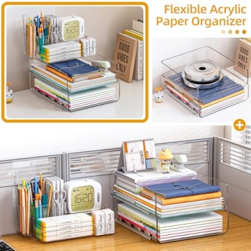 Thicken & Sturdy Stackable Desk Organizer - Acrylic Paper Organizer Letter Tray for Desk with Pencil Holder, Clear Desktop File Organizer for Stationery, Letter, A4 Office File, Books, Pens, Notes
