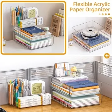Thicken & Sturdy Stackable Desk Organizer - Acrylic Paper Organizer Letter Tray for Desk with Pencil Holder, Clear Desktop File Organizer for Stationery, Letter, A4 Office File, Books, Pens, Notes