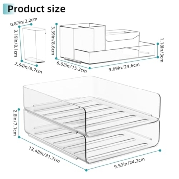 Thicken & Sturdy Stackable Desk Organizer - Acrylic Paper Organizer Letter Tray for Desk with Pencil Holder, Clear Desktop File Organizer for Stationery, Letter, A4 Office File, Books, Pens, Notes