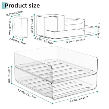 Thicken & Sturdy Stackable Desk Organizer - Acrylic Paper Organizer Letter Tray for Desk with Pencil Holder, Clear Desktop File Organizer for Stationery, Letter, A4 Office File, Books, Pens, Notes