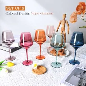LUXULISH Colored Wine Glasses Set of 6 - Premium Crystal Hand Blown Wine Glasses