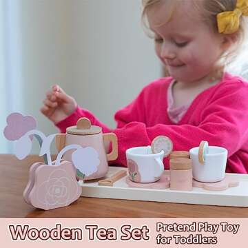 Smartwo Wooden Tea Set for Little Girls, Pretend Play Tea Party Set Toy with 27 PCS Play Kitchen Acc...