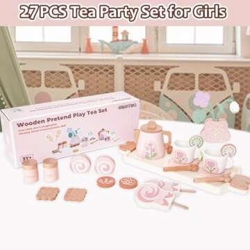 Smartwo Wooden Tea Set for Little Girls, Pretend Play Tea Party Set Toy with 27 PCS Play Kitchen Accessories, Princess Tea Set Toy, Birthday Gift for Kids 2 3 4 5 Years Old, Improve Imagination