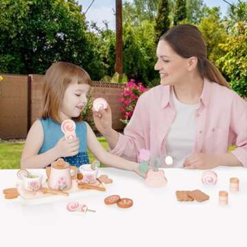 Smartwo Wooden Tea Set for Little Girls, Pretend Play Tea Party Set Toy with 27 PCS Play Kitchen Accessories, Princess Tea Set Toy, Birthday Gift for Kids 2 3 4 5 Years Old, Improve Imagination