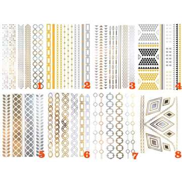 (Random Send T) Waterproof Gold and Silver Metallic Temporary Tattoos, Flash Fake Tattoo Stickers For Outdoor Body Arm Bracelets Decoration (1 Sheet)