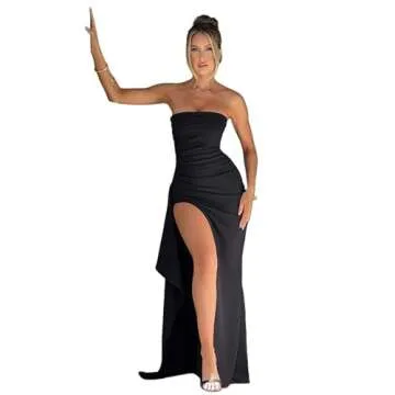 Women's Sexy Strapless Backless High Split Long Maxi Dress Ruched Off Shoulder Sleeveless Bodycon Party Cocktail Dresses Black