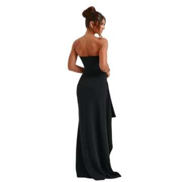 Women's Sexy Strapless Backless High Split Long Maxi Dress Ruched Off Shoulder Sleeveless Bodycon Party Cocktail Dresses Black