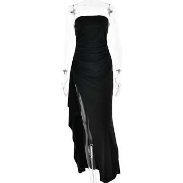 Women's Sexy Strapless Backless High Split Long Maxi Dress Ruched Off Shoulder Sleeveless Bodycon Party Cocktail Dresses Black