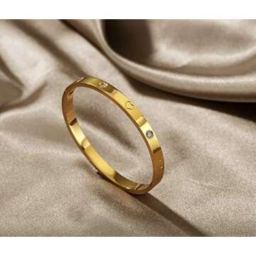MVCOLEDY Valentines Day Gifts Jewelry Gold/White Gold Plated Bangle Bracelet Heart Stone Stainless Steel with Crystal Bangle Bracelets for Women Jewelry Size 6.7 Inches (Heart of Gold)