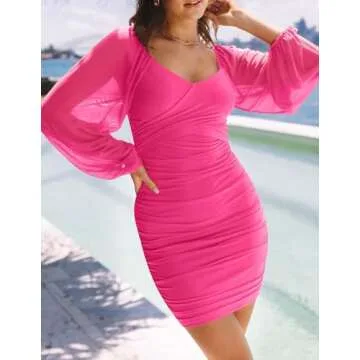 ZESICA V Neck Ruched Bodycon Mini Dress for Women