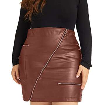 PYL Women’s Plus Size Zipper PU Faux Leather Skirt Short High Waist Mini Bodycon Khaki