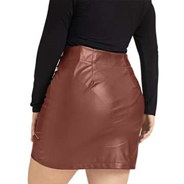 PYL Women’s Plus Size Zipper PU Faux Leather Skirt Short High Waist Mini Bodycon Khaki