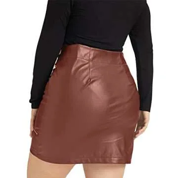 PYL Women’s Plus Size Zipper PU Faux Leather Skirt Short High Waist Mini Bodycon Khaki