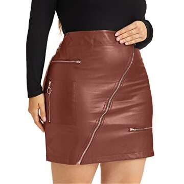 PYL Women’s Plus Size Zipper PU Faux Leather Skirt Short High Waist Mini Bodycon Khaki
