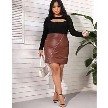 PYL Women’s Plus Size Zipper PU Faux Leather Skirt Short High Waist Mini Bodycon Khaki