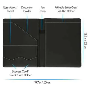 STYLIO Padfolio Portfolio Organizer Binder | Interview Resume Folder, Legal Document, Business Card Holder |w/Letter-Sized Notepad | Handsome Piano Noir Faux Leather Folio Matte Finish, Accent Stitch