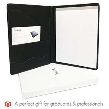 STYLIO Padfolio Portfolio Organizer Binder | Interview Resume Folder, Legal Document, Business Card Holder |w/Letter-Sized Notepad | Handsome Piano Noir Faux Leather Folio Matte Finish, Accent Stitch
