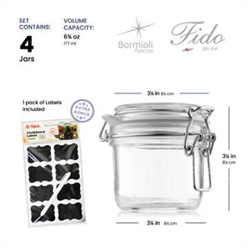 Bormioli Rocco Glass Fido Jars - Hermetic Sealed Hinged Airtight Lid for Fermenting, Pantry, Kitchen Storage Jars, Bulk Food Storage Containers, With Paksh Chalkboard Labels (2 Pack) (6 3/4 Ounce (4 Pack))