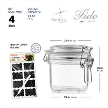 Bormioli Rocco Glass Fido Jars - Hermetic Sealed Hinged Airtight Lid for Fermenting, Pantry, Kitchen Storage Jars, Bulk Food Storage Containers, With Paksh Chalkboard Labels (2 Pack) (6 3/4 Ounce (4 Pack))