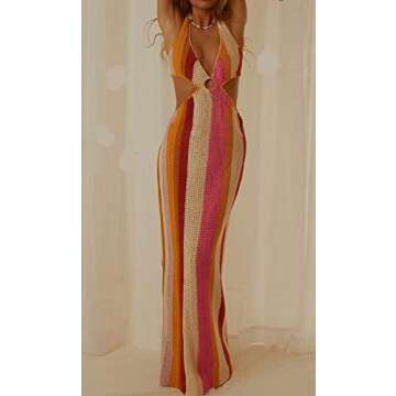 ROAONOCOMO Women Crochet Knit Maxi Dresses Y2K Hollow Out Long Dresses Halter Neck Bodycon Dress Retro Party Dress Clubwear A-Pink