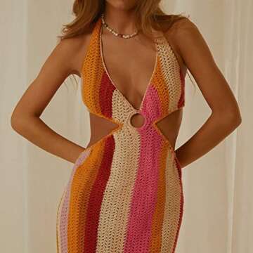 ROAONOCOMO Women Crochet Knit Maxi Dresses Y2K Hollow Out Long Dresses Halter Neck Bodycon Dress Retro Party Dress Clubwear A-Pink