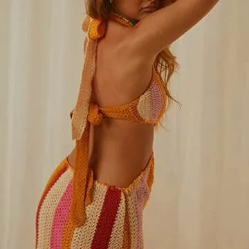 ROAONOCOMO Women Crochet Knit Maxi Dresses Y2K Hollow Out Long Dresses Halter Neck Bodycon Dress Retro Party Dress Clubwear A-Pink