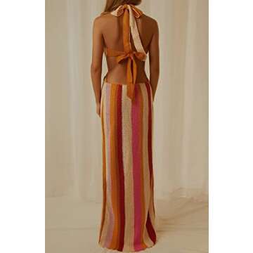 ROAONOCOMO Women Crochet Knit Maxi Dresses Y2K Hollow Out Long Dresses Halter Neck Bodycon Dress Retro Party Dress Clubwear A-Pink