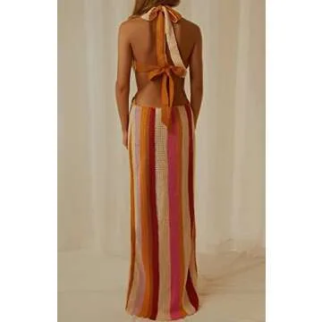 ROAONOCOMO Women Crochet Knit Maxi Dresses Y2K Hollow Out Long Dresses Halter Neck Bodycon Dress Retro Party Dress Clubwear A-Pink