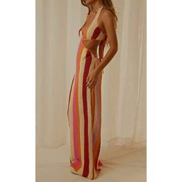 ROAONOCOMO Women Crochet Knit Maxi Dresses Y2K Hollow Out Long Dresses Halter Neck Bodycon Dress Retro Party Dress Clubwear A-Pink