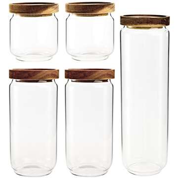 Bekith Set of 5 Glass Canisters for Kitchen, Glass Storage Jars with Airtight Acacia Wood Lid, Stackable Clear Glass Food Storage Containers for Coffee Beans, Flour, Sugar, Rice and Spaghetti