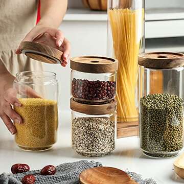 Bekith Set of 5 Glass Canisters for Kitchen, Glass Storage Jars with Airtight Acacia Wood Lid, Stackable Clear Glass Food Storage Containers for Coffee Beans, Flour, Sugar, Rice and Spaghetti