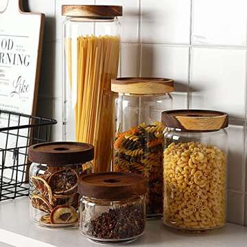 Bekith Set of 5 Glass Canisters for Kitchen, Glass Storage Jars with Airtight Acacia Wood Lid, Stackable Clear Glass Food Storage Containers for Coffee Beans, Flour, Sugar, Rice and Spaghetti