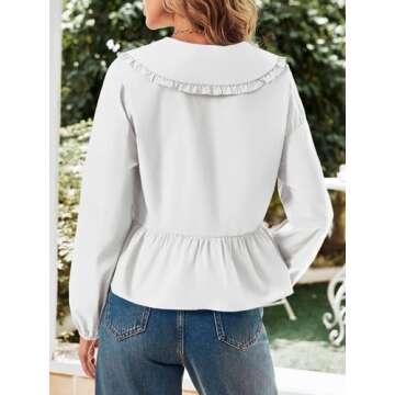 Tankaneo Womens Tie Front Tops Casual Babydoll Long Sleeve Blouses Peplum Cotton Bow Shirts White