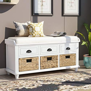 P PURLOVE Entryway Storage Bench with 3 Drawers and Cushion
