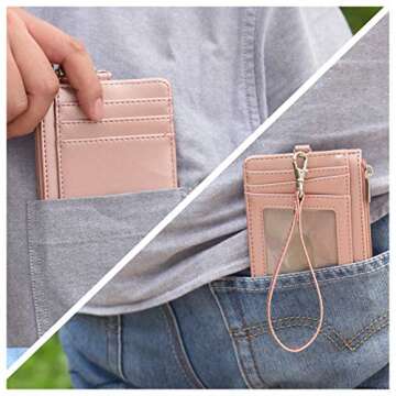 Teskyer Minimalist Wallet - Slim RFID Blocking Wallet with Lanyard and Wrist Strap, Rose Gold