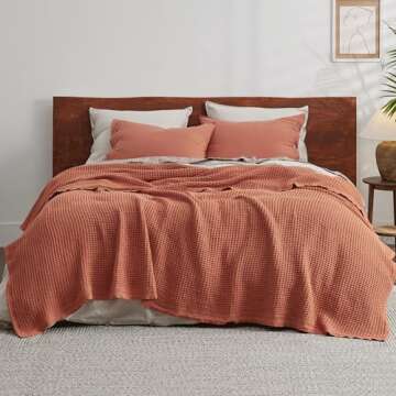 Bedsure 100% Cotton Blanket King Size for Bed - Breathable and Soft, Waffle Weave Blanket for Summer Spring, Red Orange, 104x90 inches