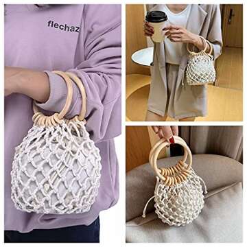 Ayliss Women Mini Clutch Tote Handbag Top-handle Bucket Drawstring Handbag Summer Beach Woven Handmade Fishing Net Bag Pouch Purse (White, Mini)