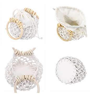 Ayliss Women Mini Clutch Tote Handbag Top-handle Bucket Drawstring Handbag Summer Beach Woven Handmade Fishing Net Bag Pouch Purse (White, Mini)