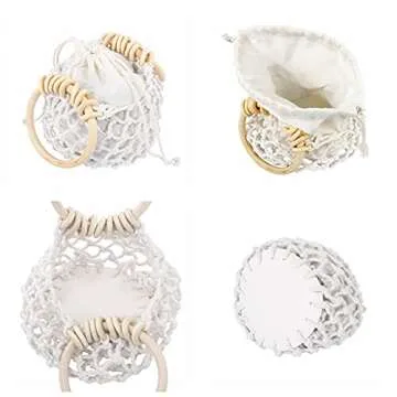 Ayliss Women Mini Clutch Tote Handbag Top-handle Bucket Drawstring Handbag Summer Beach Woven Handmade Fishing Net Bag Pouch Purse (White, Mini)